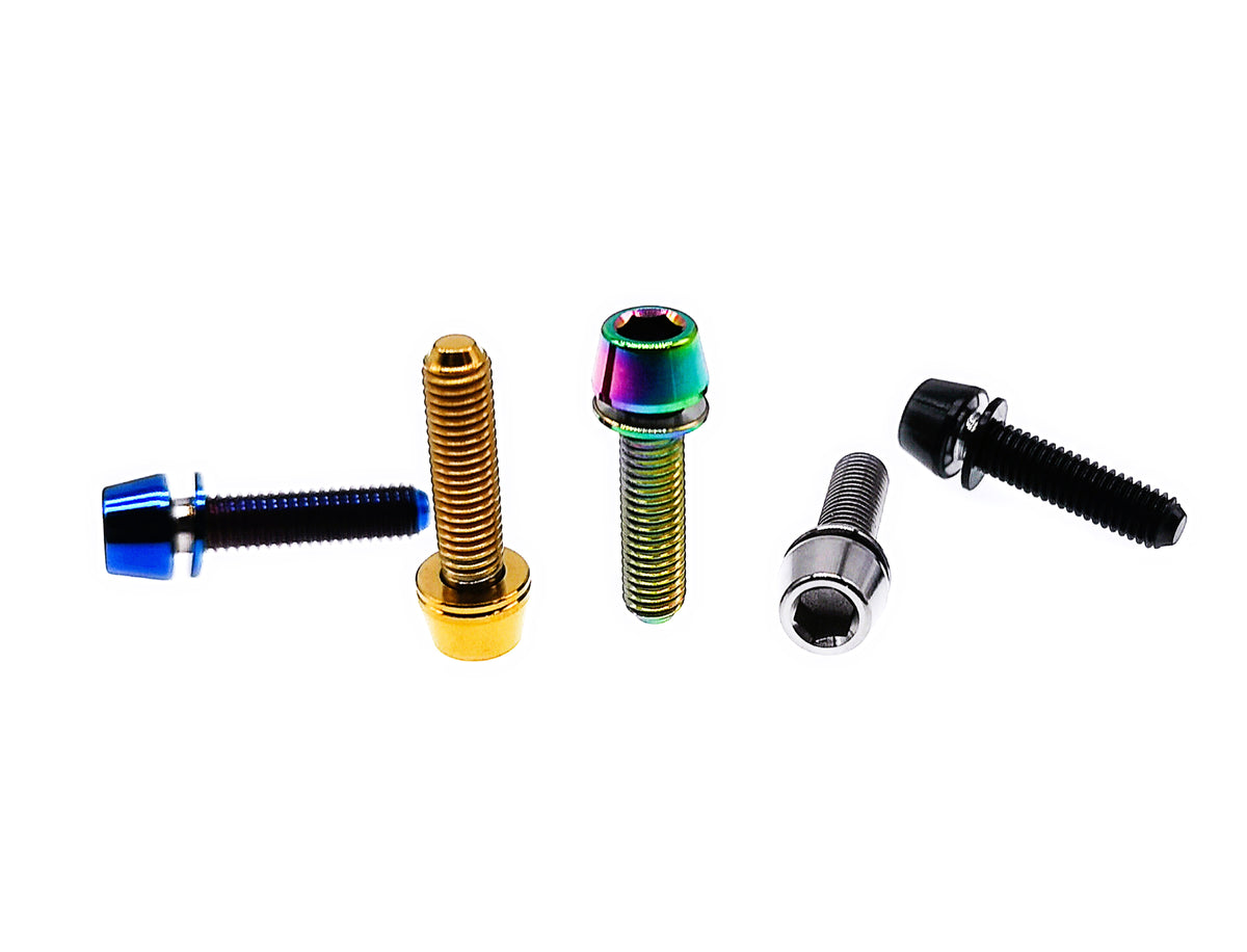 Five titanium M6 tapered head bolts with anti-fall off washers, one per anodized finish