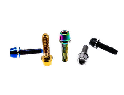 Five titanium M6 tapered head bolts with anti-fall off washers, one per anodized finish