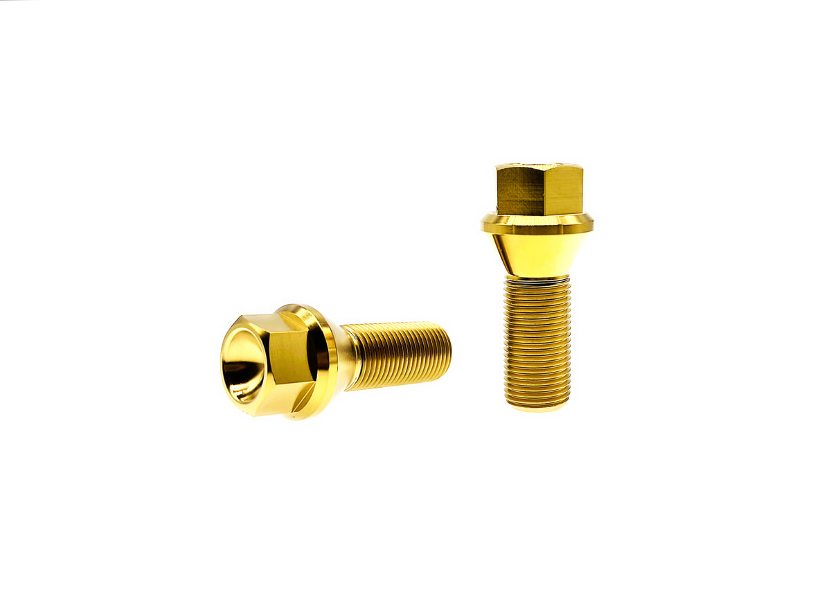 Gold anodized titanium M14 conical seat wheel lug bolts with hex head, pair