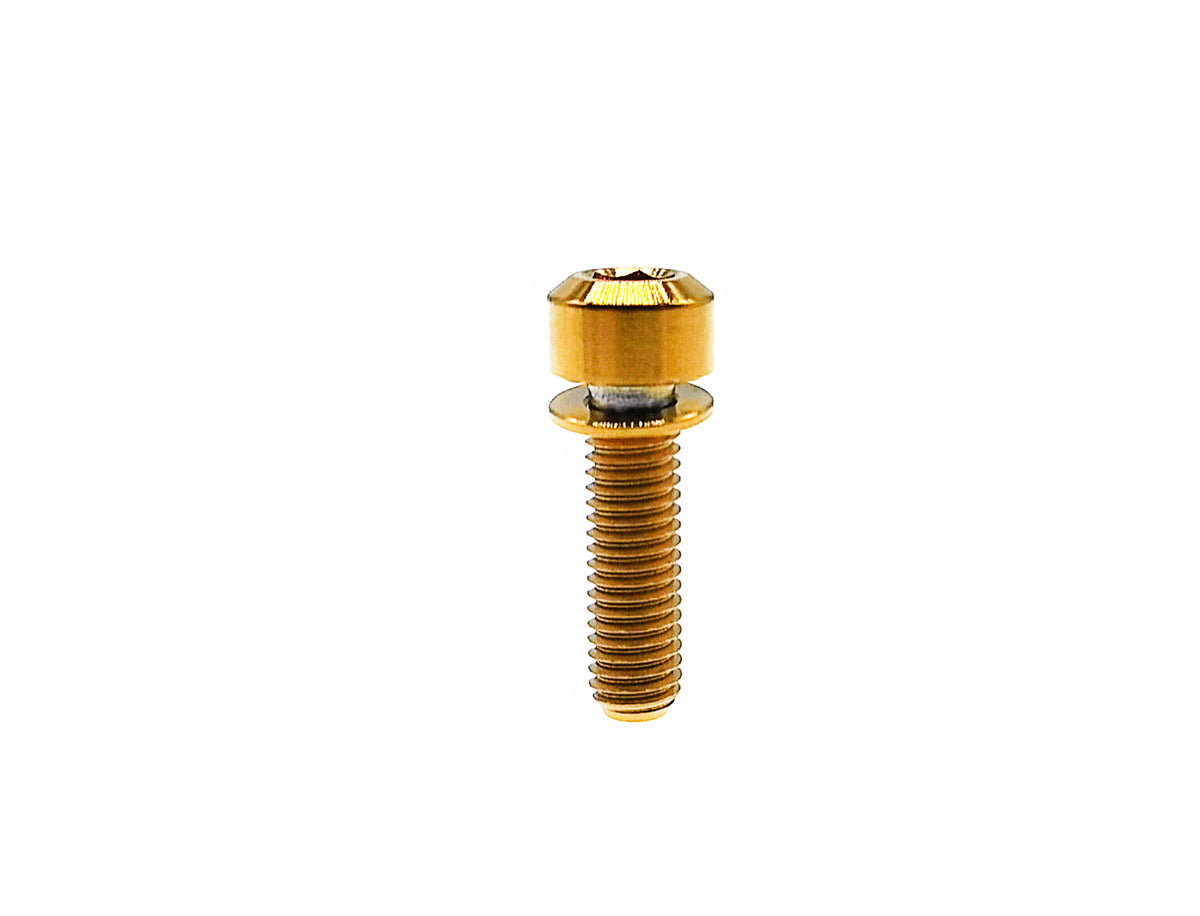 Gold anodized titanium M6 chamfered hex socket bolt with captive titanium washer