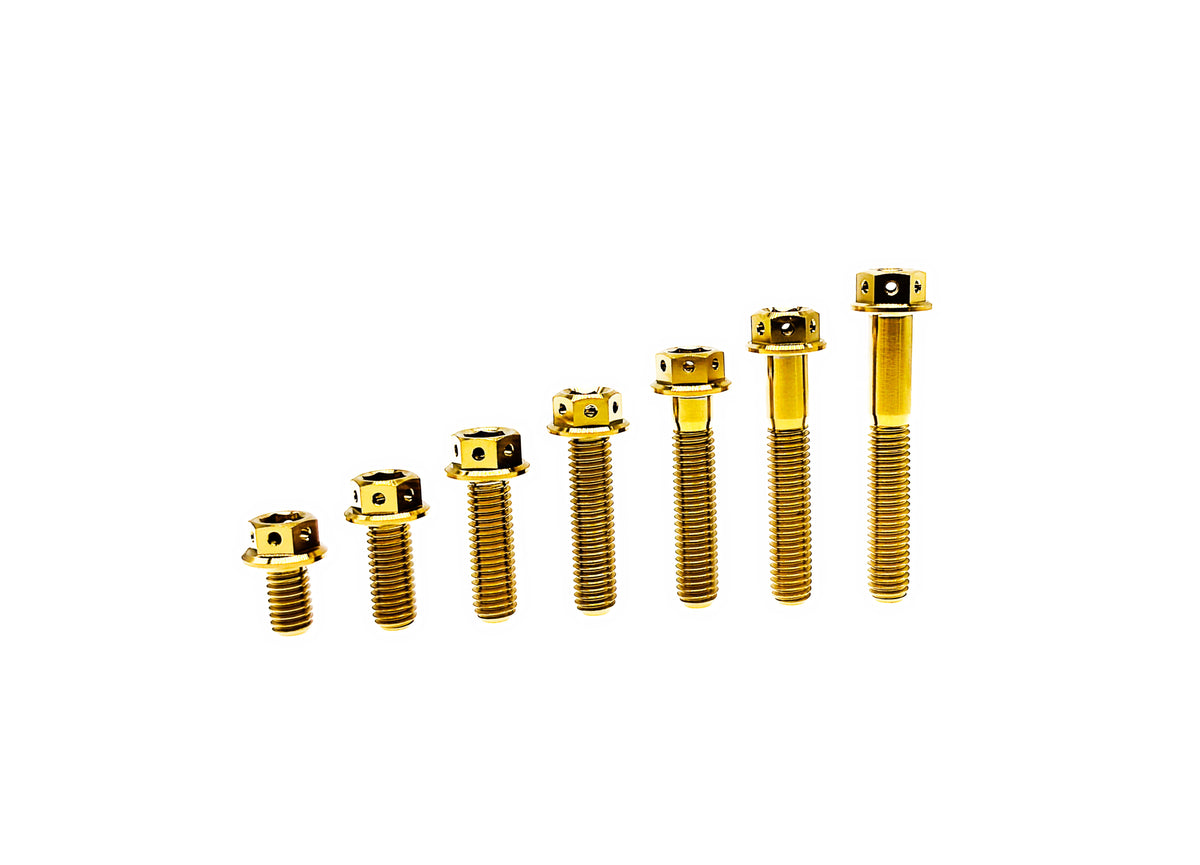 Gold anodized titanium M6 drilled flange hex head bolts from short to long