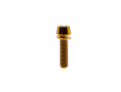 Gold anodized titanium M6 tapered head hex socket screw with captive Ti washer