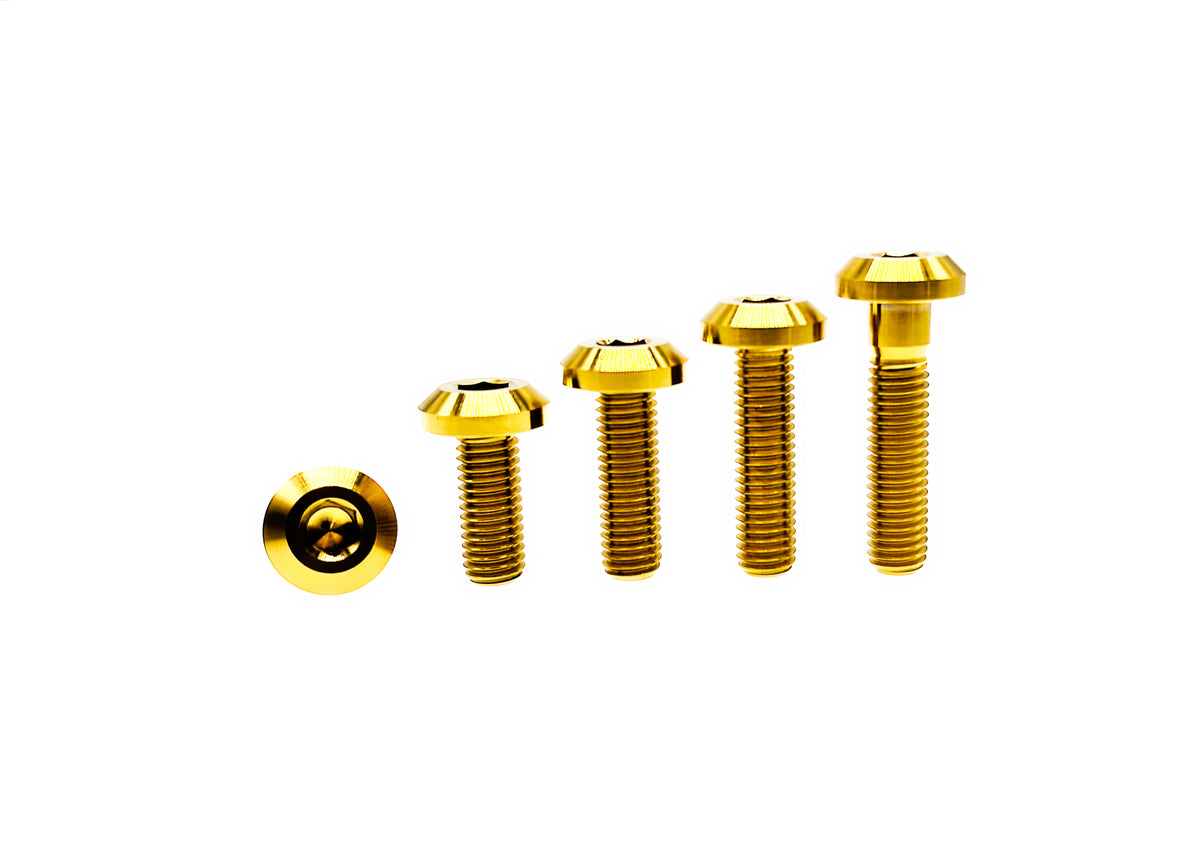 Gold anodized titanium M8 and M8 umbrella flat head bolts in four lengths