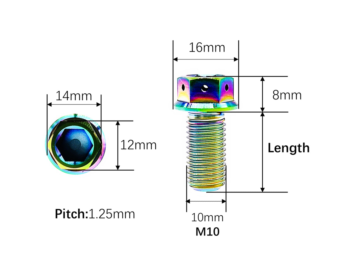 M10 titanium flange hex bolt dimensions, 16mm flange head and 1.25mm pitch