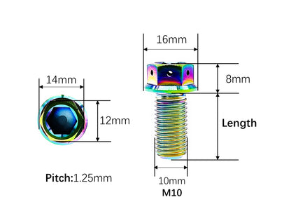 M10 titanium flange hex bolt dimensions, 16mm flange head and 1.25mm pitch