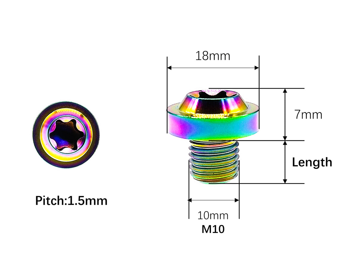 M10x1.5mm titanium Torx T50 saucer head bolt dimensions, 18mm head and 7mm height