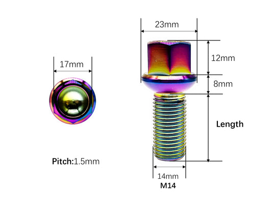 M14x1.5 titanium ball seat lug bolt dimensions, 23mm head and 17mm hex