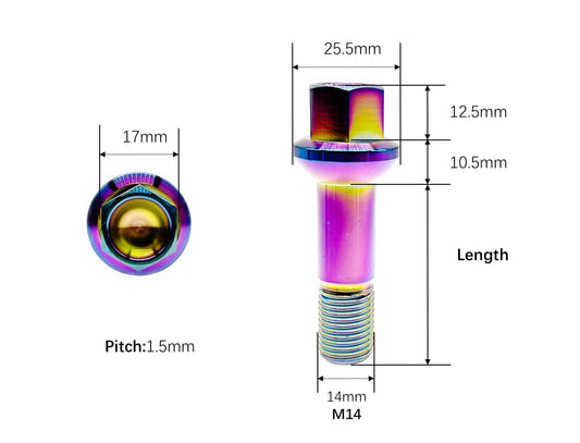 M14x1.5 titanium ball seat lug bolt dimensions, 25.5mm head and 17mm hex
