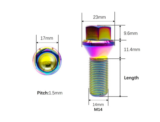 M14x1.5 titanium conical seat lug bolt dimensions, 23mm head and 17mm hex