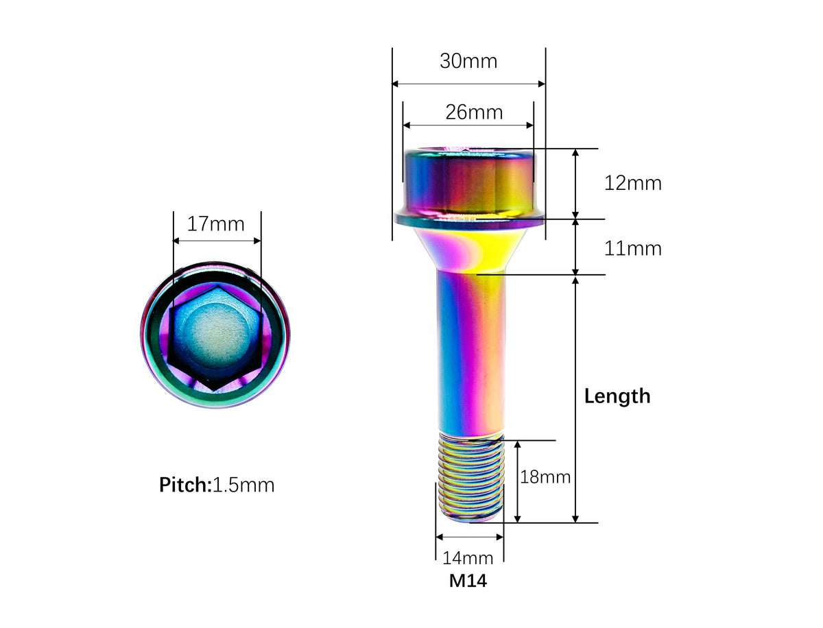 M14x52mm titanium lug bolt dimensions, 30mm head, 17mm hex socket and 1.5mm pitch