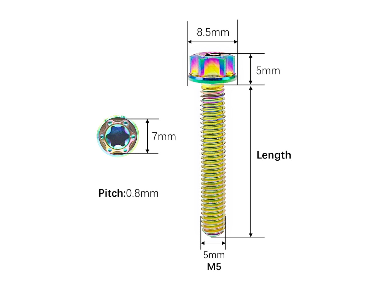 M5 titanium flange bolt dimensions, 8.5mm head and 0.8mm thread pitch