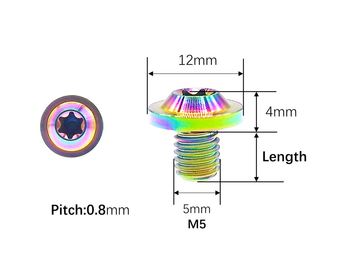 M5 titanium T25 flying saucer bolt dimensions, 12mm head, 4mm height, 0.8mm pitch