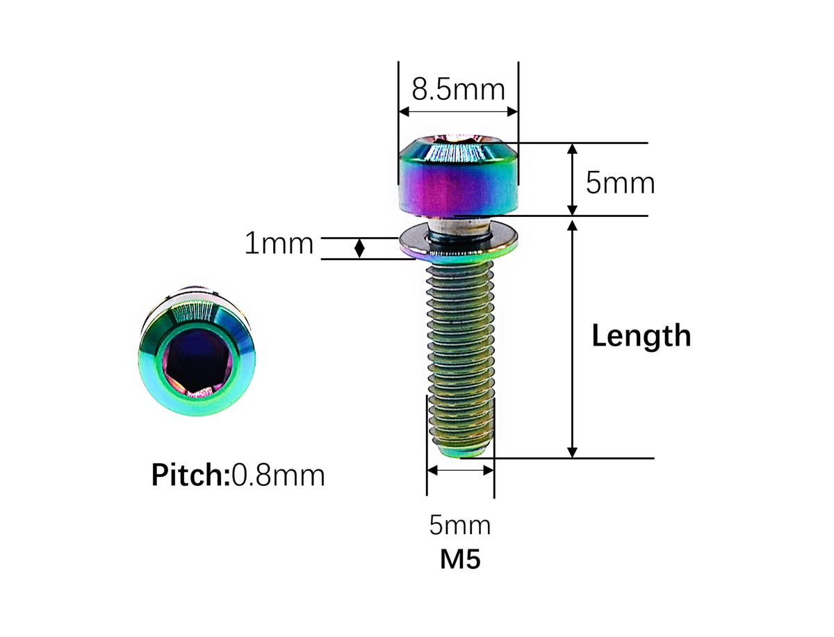 M5 titanium washer bolt dimensions, 8.5mm head, 1mm Ti washer and 0.8mm pitch