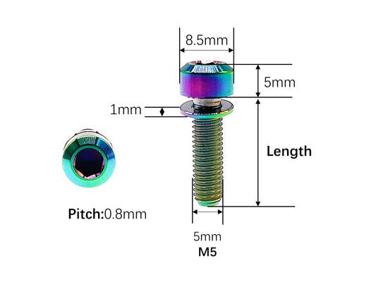 M5 titanium washer bolt dimensions, 8.5mm head, 1mm Ti washer and 0.8mm pitch