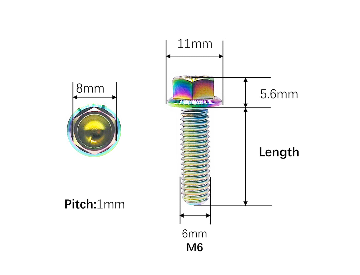 M6 titanium flange bolt dimensions, 11mm head and 1mm thread pitch