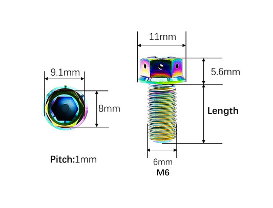 M6 titanium flange hex head bolt dimensions, 11mm head and 8mm wrench size