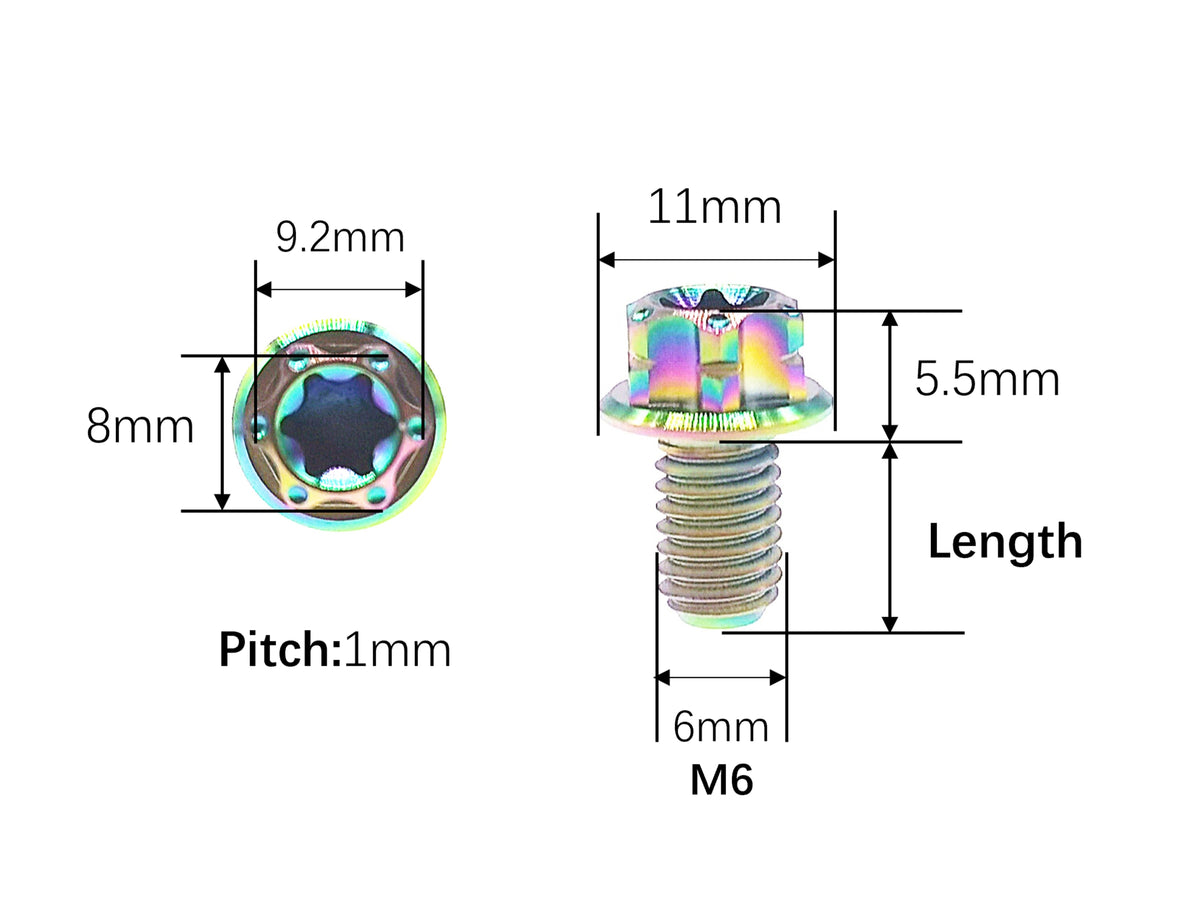M6 titanium flange Torx T30 bolt dimensions, 11mm head and 1mm thread pitch