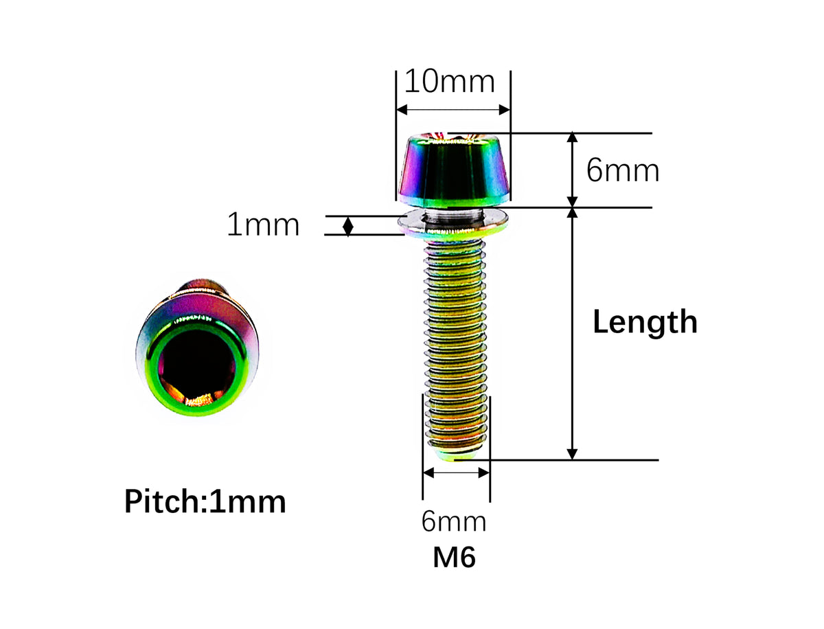 M6 titanium tapered head bolt dimensions, 10mm head and 1mm anti-fall washer