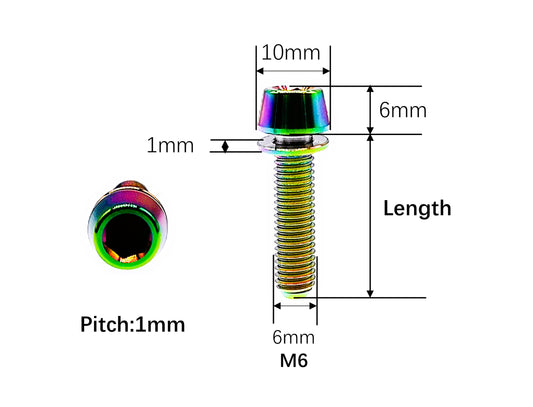 M6 titanium tapered head bolt dimensions, 10mm head and 1mm anti-fall washer