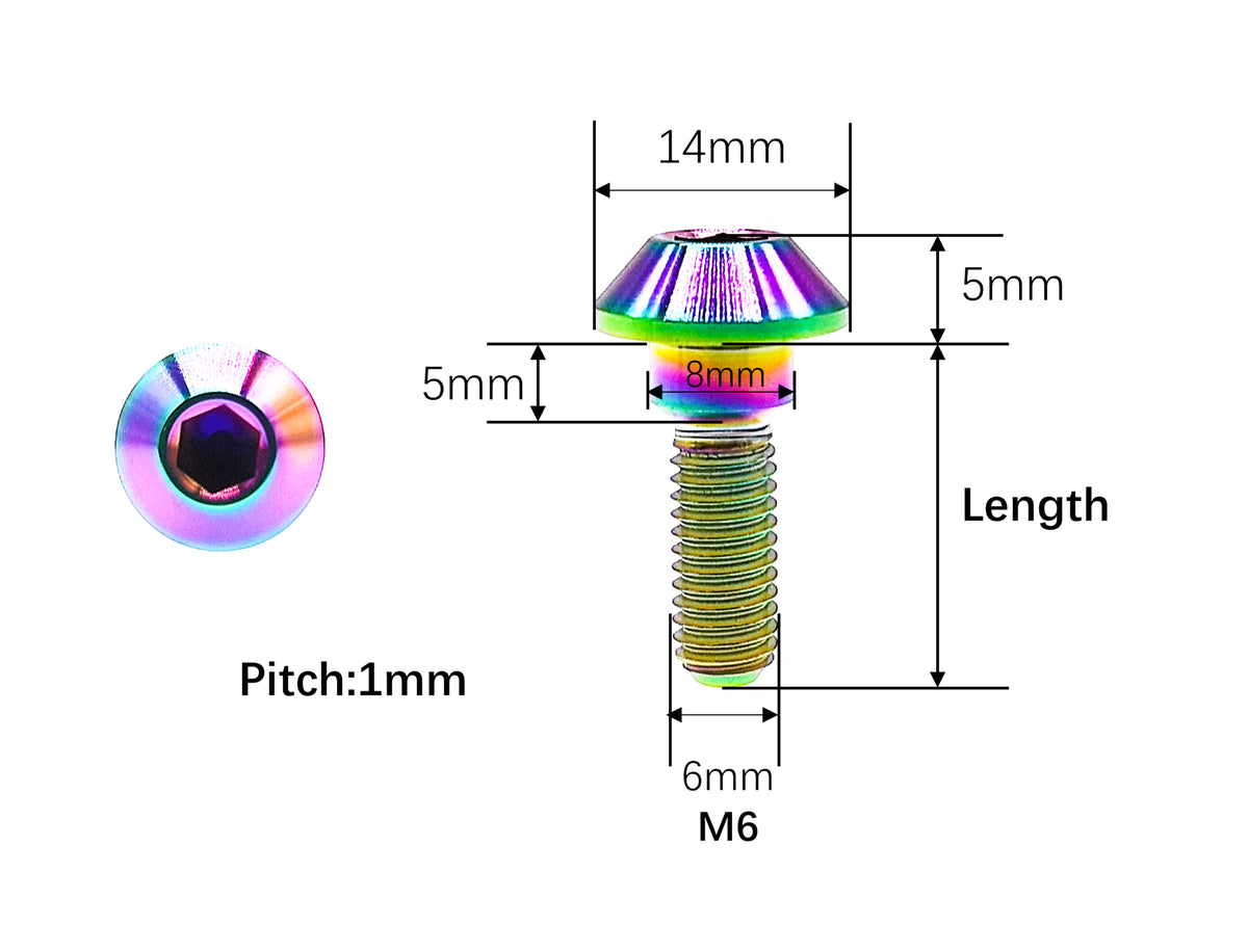 M6 titanium tapered hex socket bolt dimensions, 14mm head and 1mm pitch