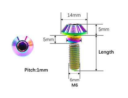 M6 titanium tapered hex socket bolt dimensions, 14mm head and 1mm pitch
