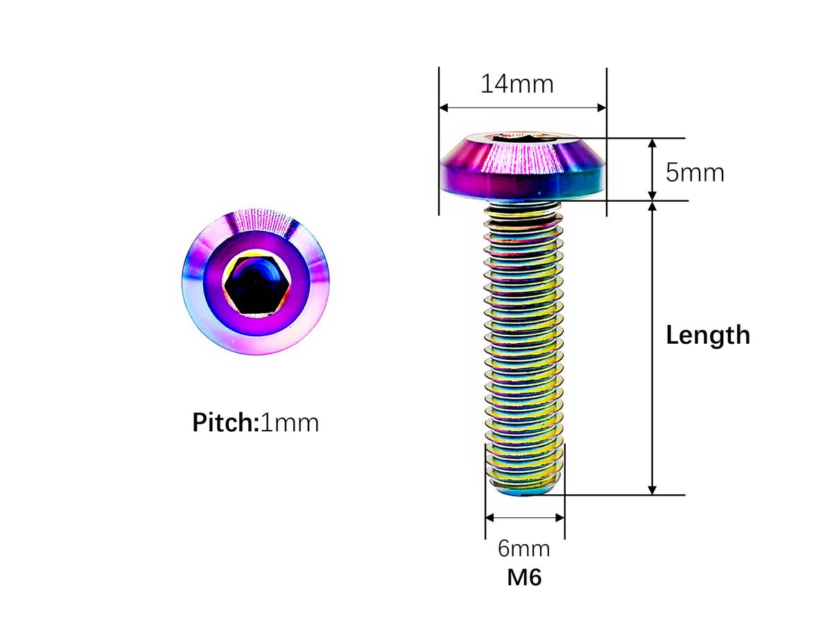 M6 titanium umbrella head bolt dimensions, 14mm head, 5mm height and 1mm thread pitch