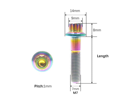 M7x32mm titanium 12-point flange bolt dimensions, 14mm flange and 1mm pitch