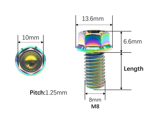 M8 titanium flange hex bolt dimensions, 13.6mm head and 1.25mm pitch