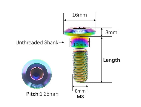 M8 titanium hex socket bolt dimensions, 16mm head and 10mm unthreaded shank