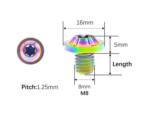 M8 titanium Torx T40 saucer head bolt dimensions, 16mm head and 1.25mm pitch