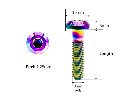 M8 titanium umbrella head bolt dimensions, 16mm head, 5mm height and 1.25mm thread pitch