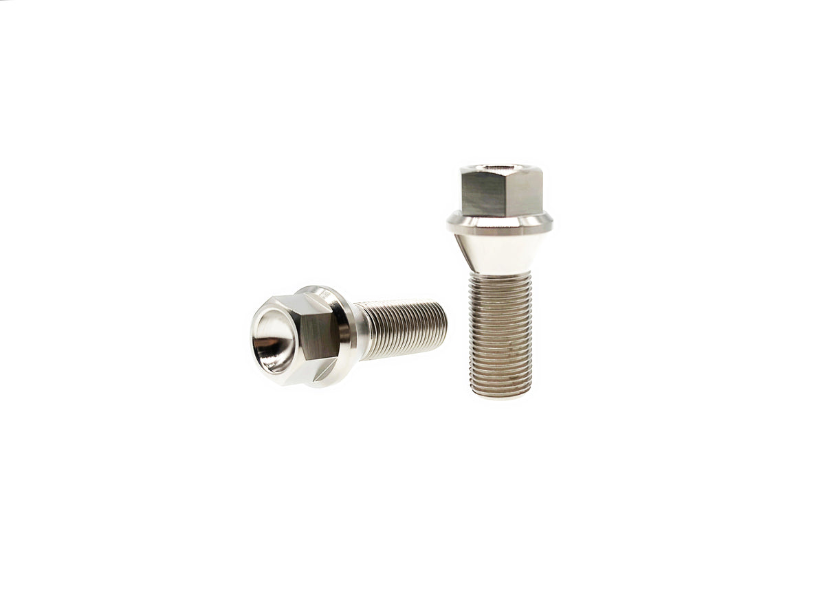 Natural titanium M14 conical seat lug bolt pair in Grade 5 Ti-6Al-4V for BMW wheels