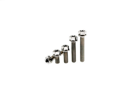 Natural titanium M5 flange Torx head bolts in five graduated lengths