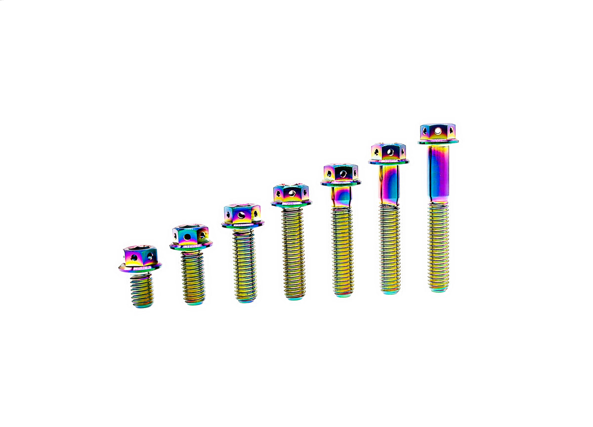 Rainbow anodized titanium M6 drilled flange hex bolts sized from short to long