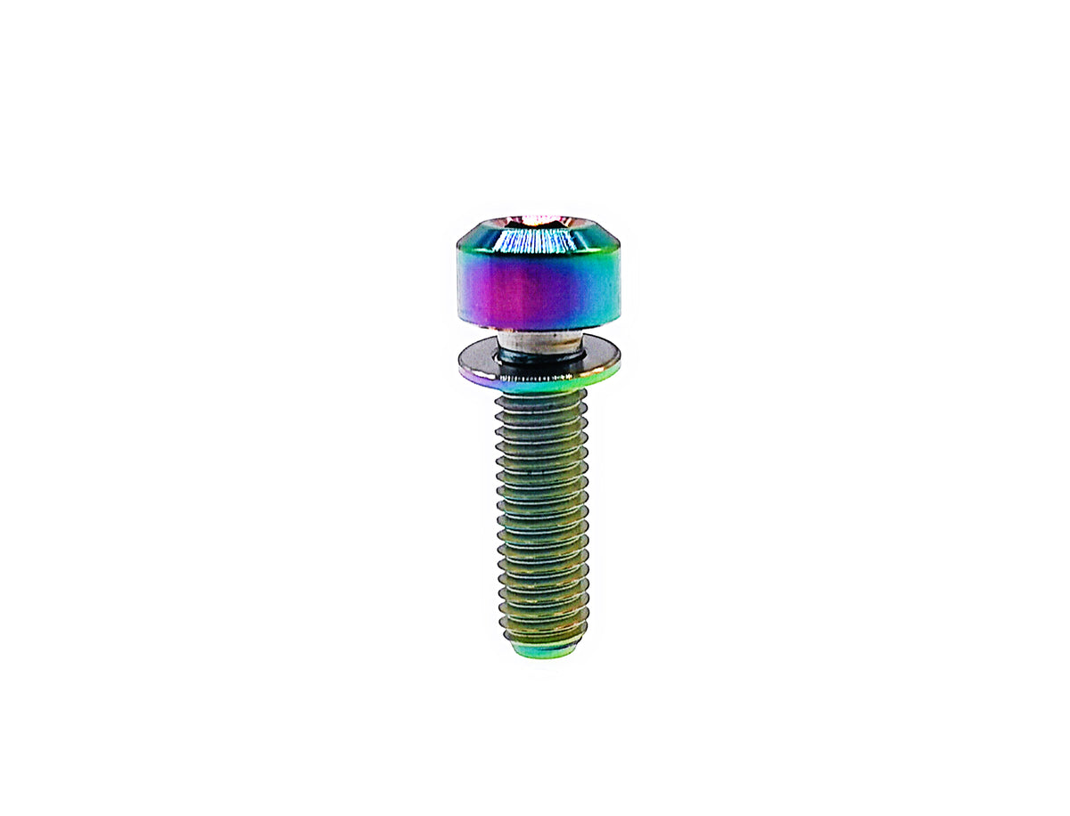Rainbow anodized titanium M6 socket cap bolt with captive anti-fall off titanium washer