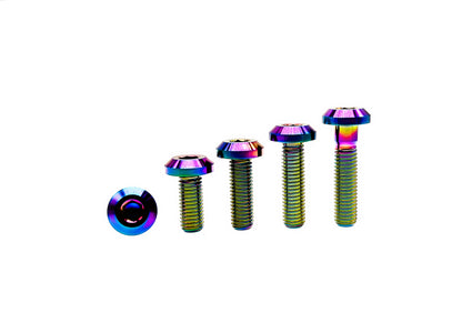 Rainbow anodized titanium M6 and M6 umbrella head bolts standing in four lengths