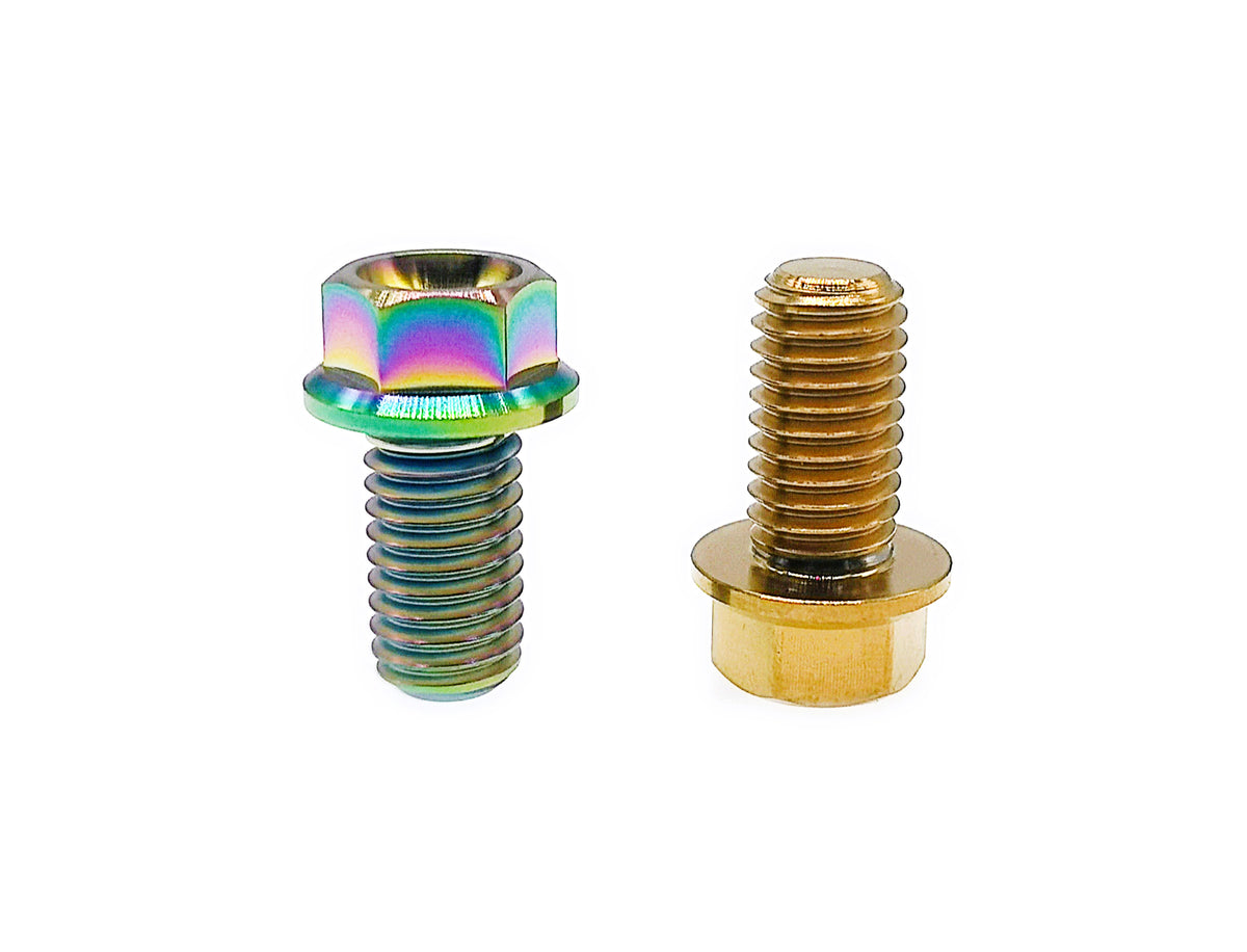 Rainbow and gold titanium M8 flanged hex bolts, head and thread detail