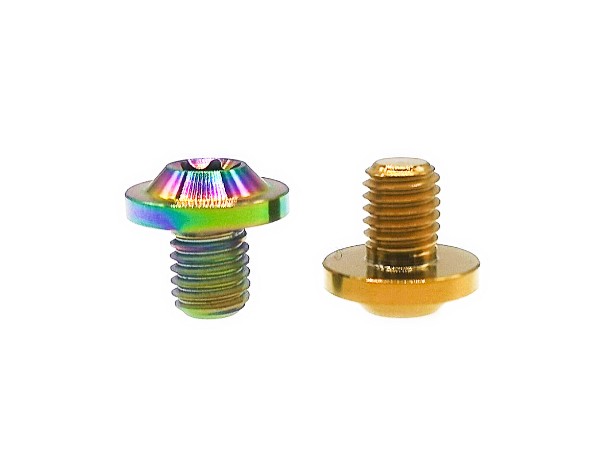 Rainbow and gold titanium M8 saucer head bolts, Torx drive and flange face compared