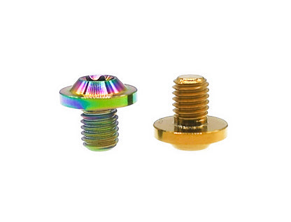 Rainbow and gold titanium M8 saucer head bolts, Torx drive and flange face compared