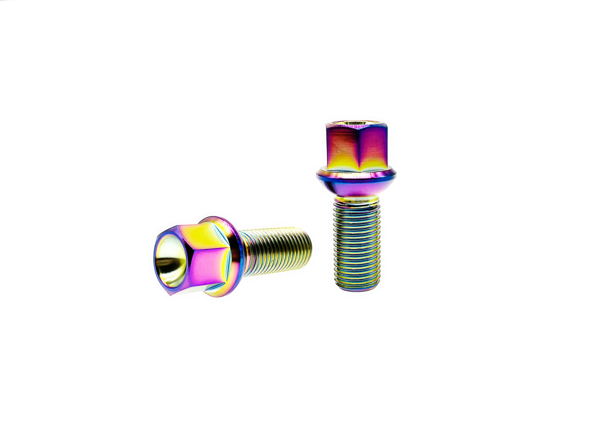 Rainbow titanium M14x1.5 ball seat lug bolt pair in Grade 5 Ti-6Al-4V