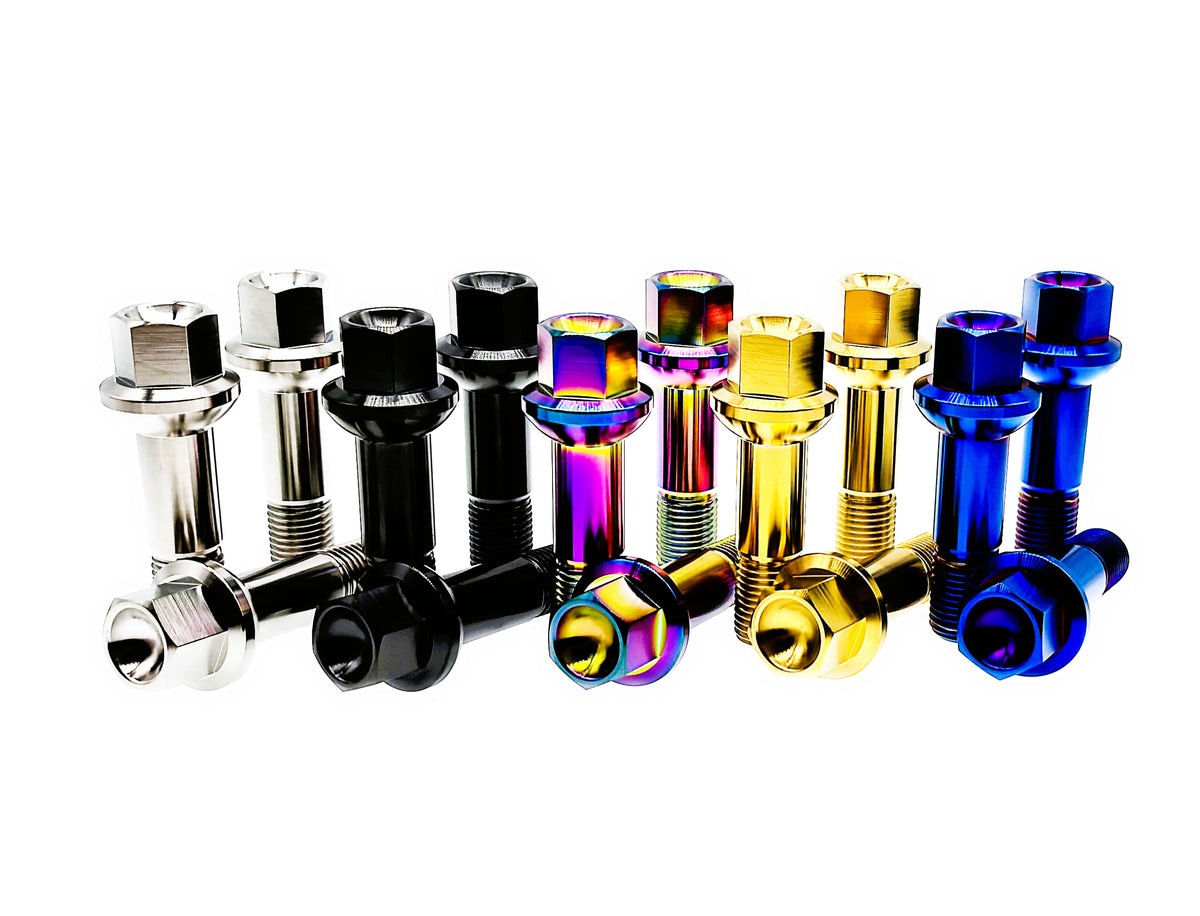 Rows of titanium M14x1.5 ball seat wheel bolts in five anodized colors