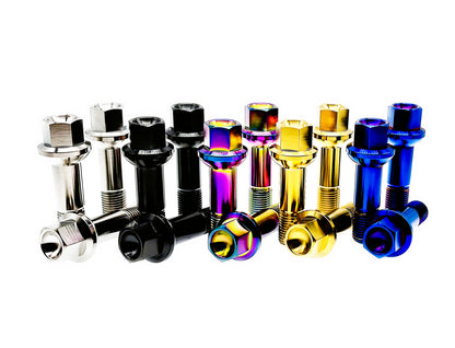 Rows of titanium M14x1.5 ball seat wheel bolts in five anodized colors