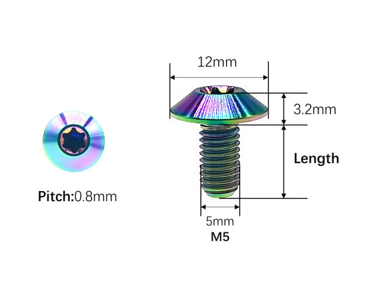 Tianswer M5 titanium umbrella head Torx bolt dimensions, 12mm head and 0.8mm pitch