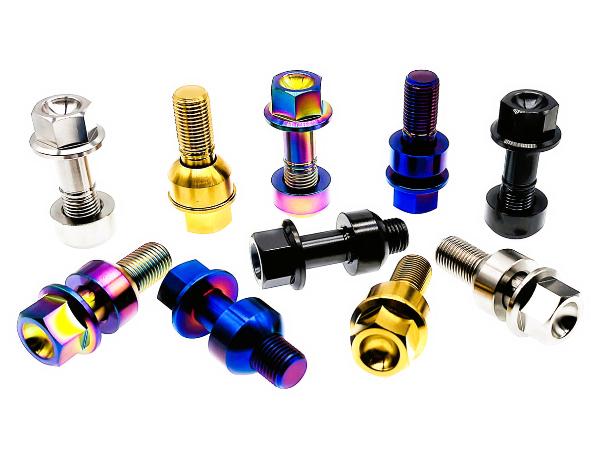 Tianswer titanium M14 Porsche lug bolts with ball seat in five anodized finishes