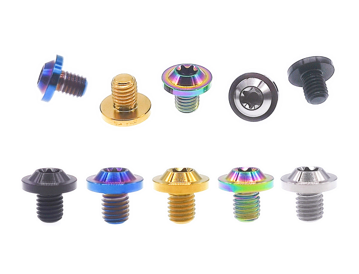 Tianswer titanium M5 flying saucer Torx head bolts in five anodized finishes and two rows