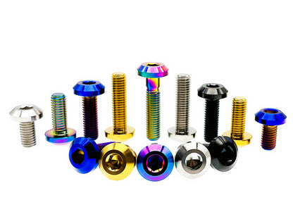 Tianswer titanium M6 and M6 umbrella head bolts in gold, blue, rainbow, black and natural finishes