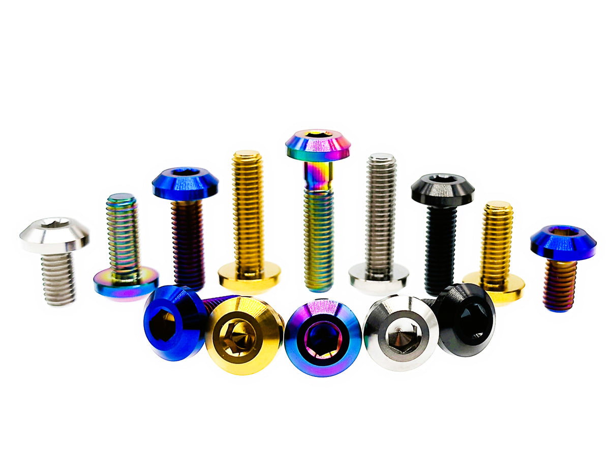 Tianswer titanium M8 and M8 umbrella head bolts in gold, blue, rainbow, black and natural finishes