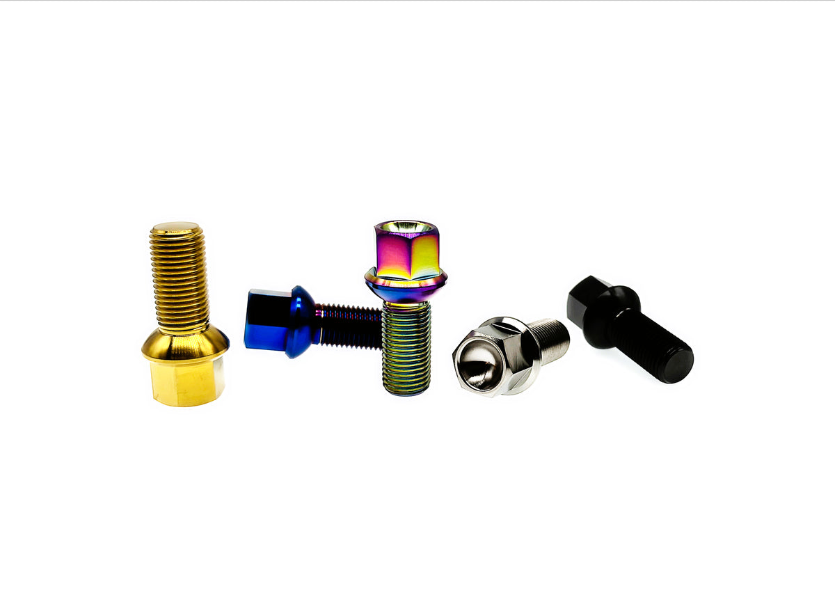Titanium M14 Audi and Volkswagen lug bolts in gold, blue, rainbow, silver and black