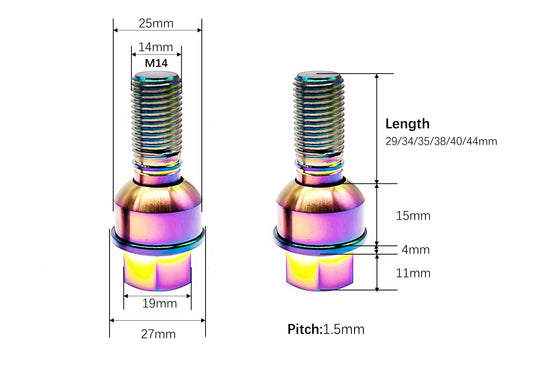 Titanium M14 lug bolt dimensions, 27mm head, 1.5mm pitch and 29 to 44mm lengths