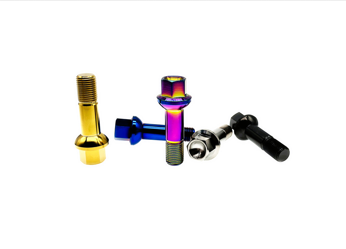 Titanium M14 Mercedes-Benz lug bolts in gold, blue, rainbow, silver and black finishes